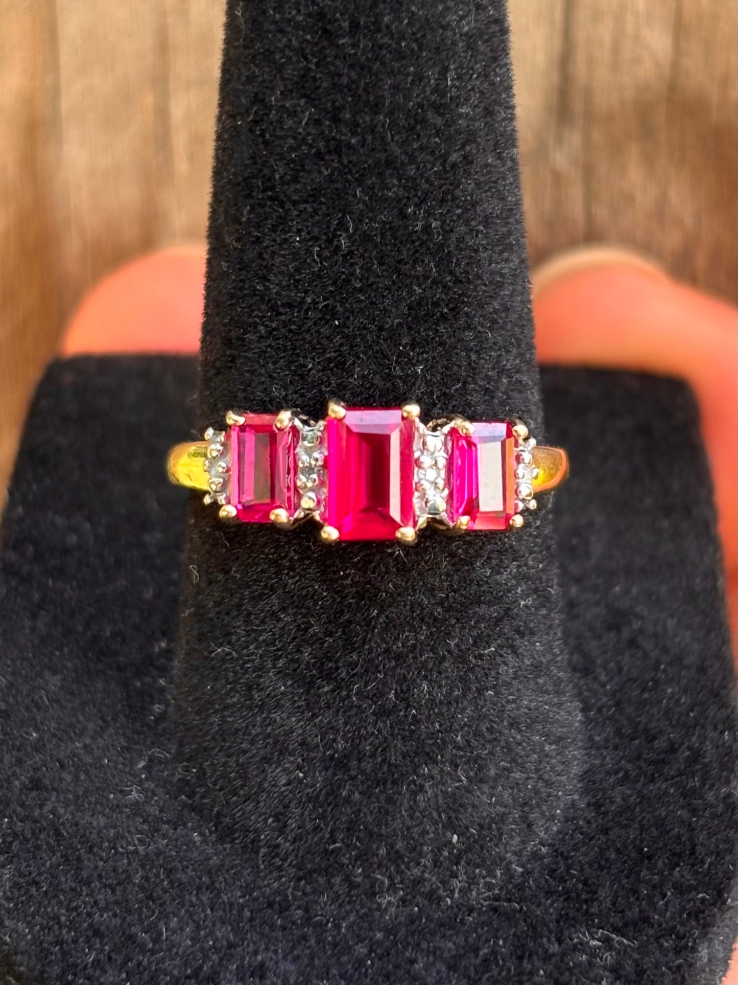10k Emerald Cut Lab Rubies with Natural Diamond Accents Ring