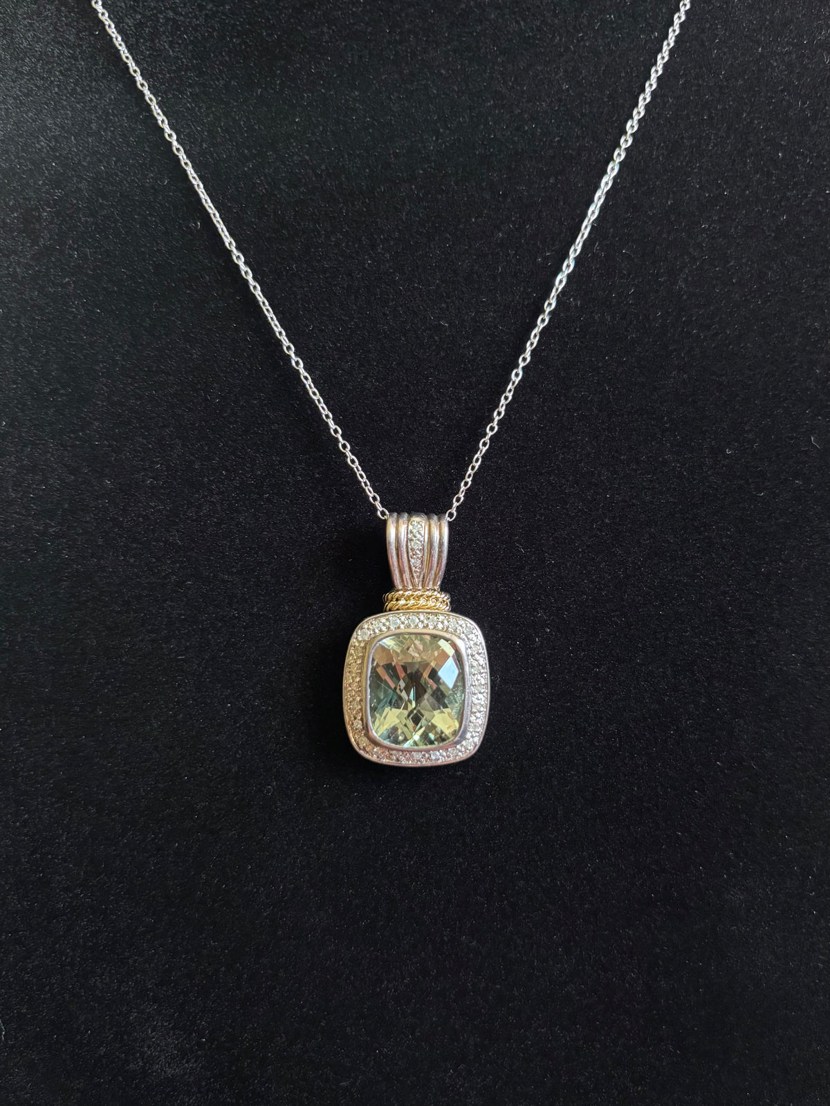 Sterling Silver & 14K Gold Prasiolite and Diamond Halo Pendant - Chain Not Included