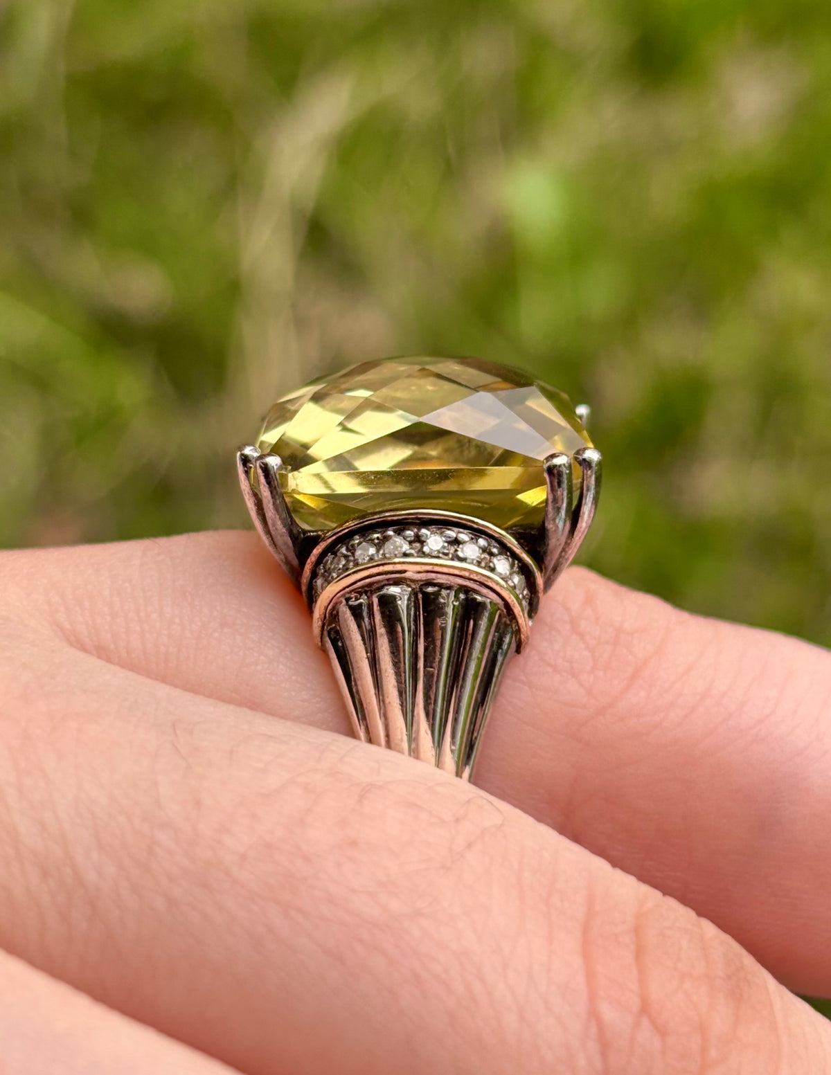 14K Gold & Sterling Silver Lemon Quartz & Diamond Statement Ring
