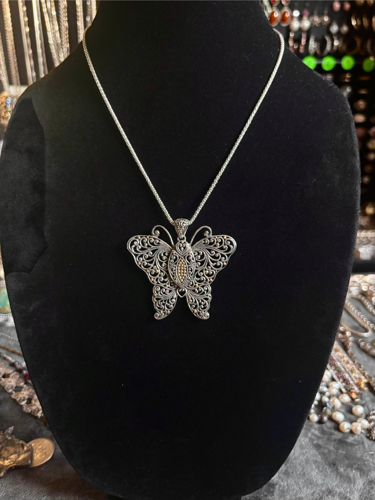 Sterling Silver & 14K Gold Filigree Butterfly Pendant Necklace
