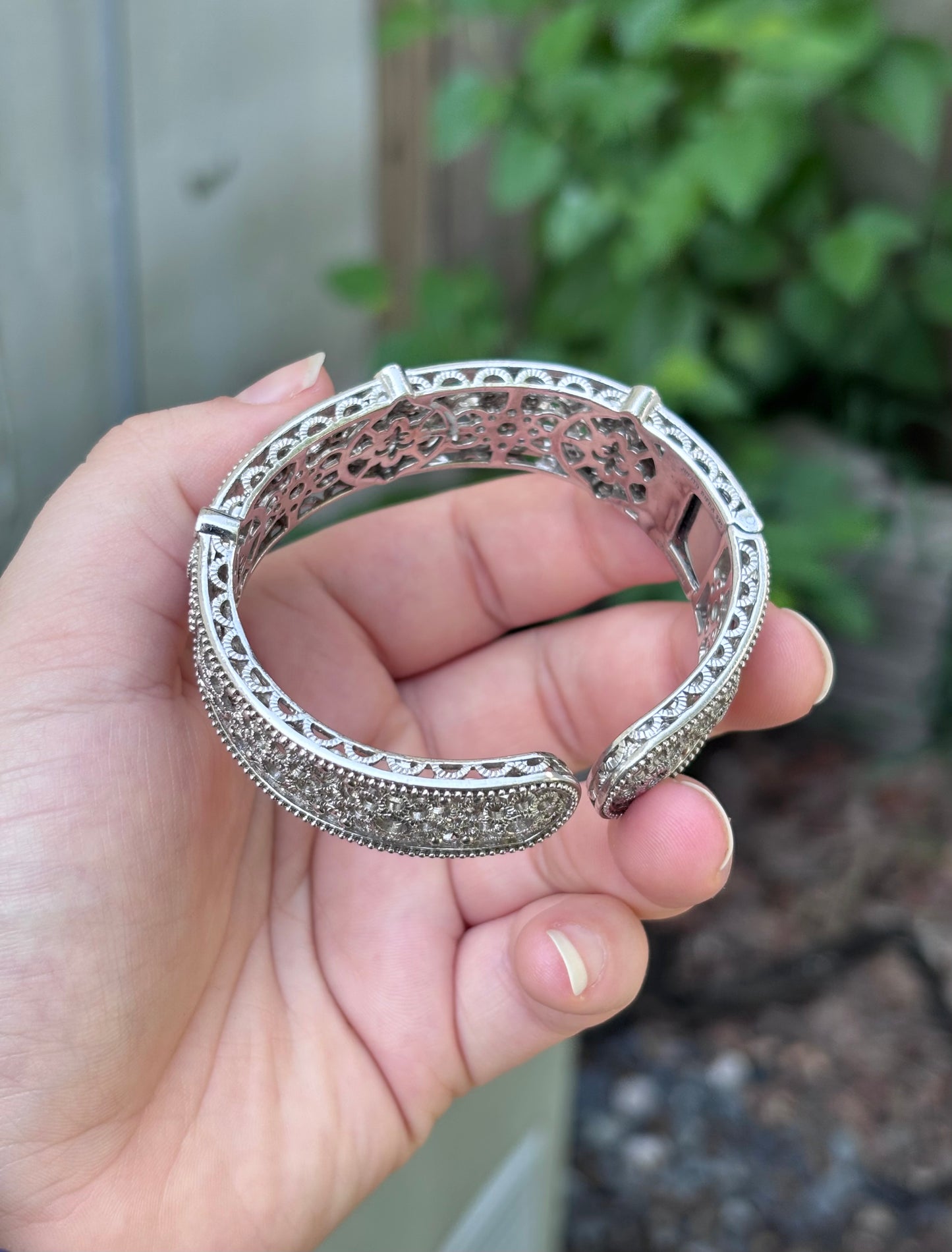 Judith Ripka Sterling Silver Diamonique Floral Filigree Hinged Cuff Bangle Bracelet