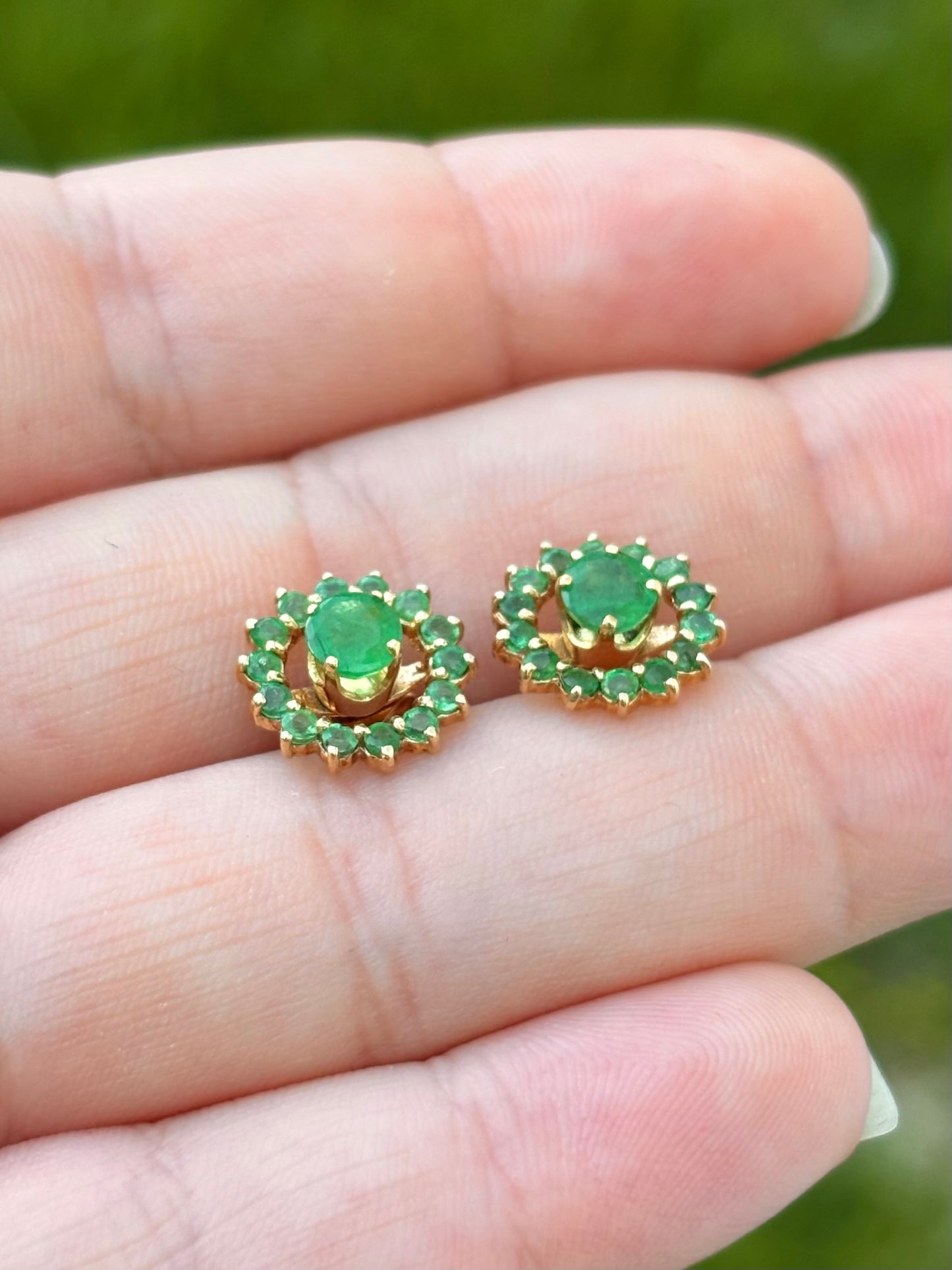 18K Gold Emerald Stud Earrings with 14K Removable Emerald Halo Jackets