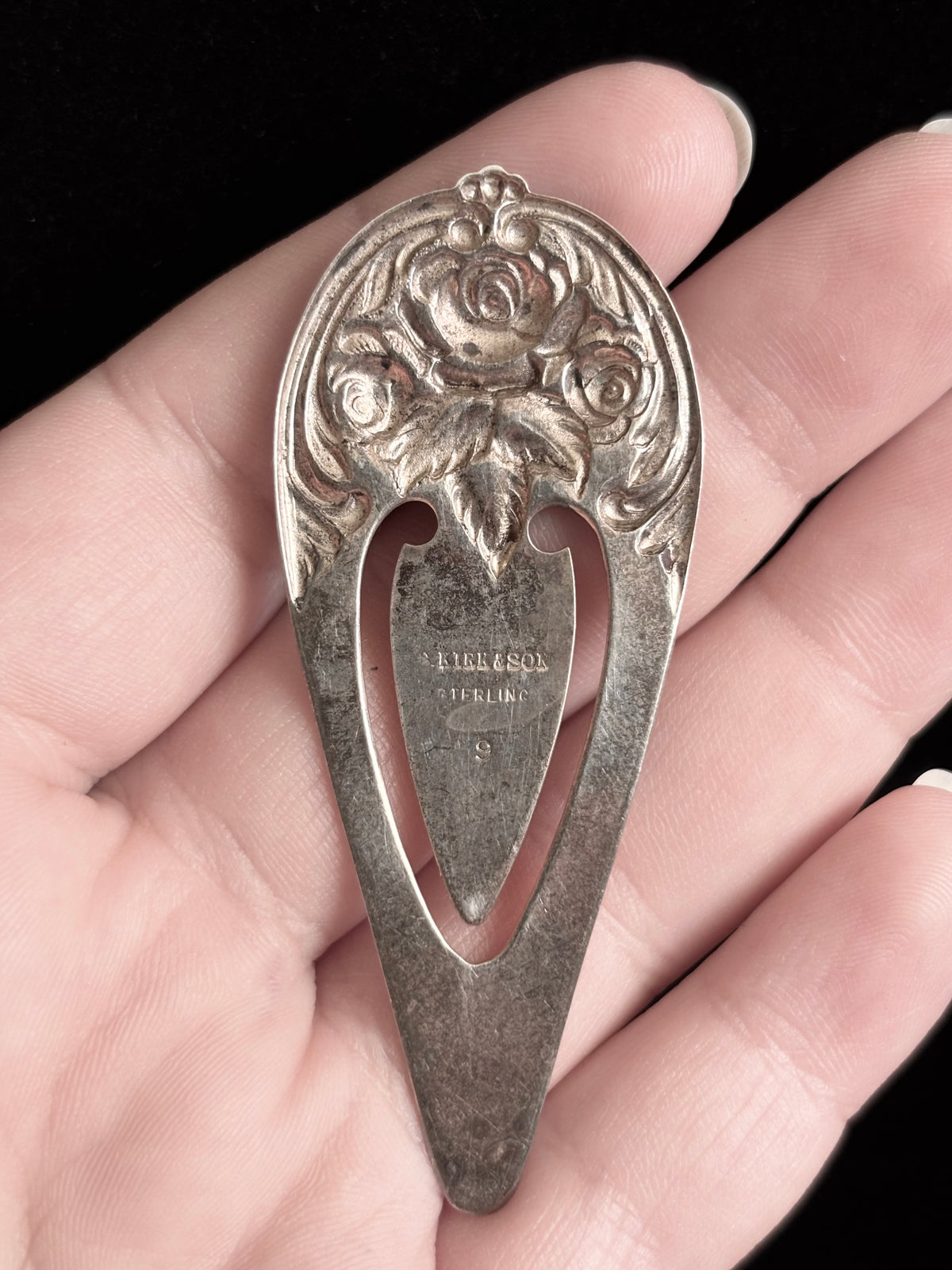 Vintage Sterling Silver Rose Floral Bookmark – Ornate Repoussé Design