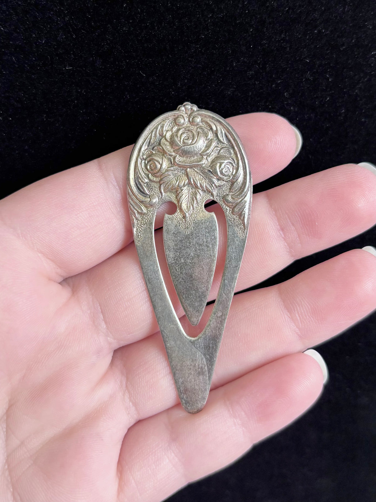 Vintage Sterling Silver Rose Floral Bookmark – Ornate Repoussé Design