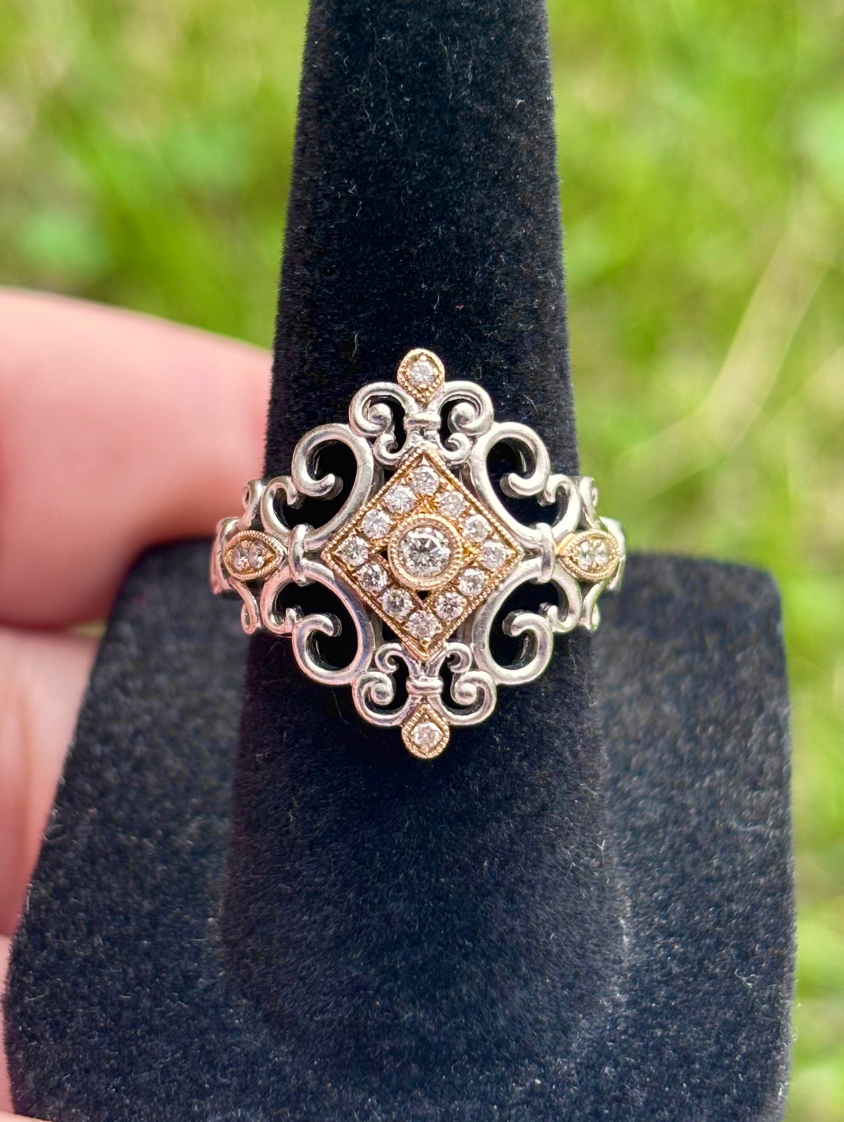 Vintage Style 18K Gold & Sterling Silver Diamond Filigree Scrollwork Ring