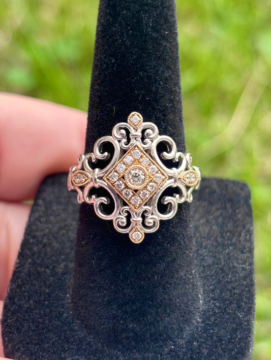 Vintage Style 18K Gold & Sterling Silver Diamond Filigree Scrollwork Ring