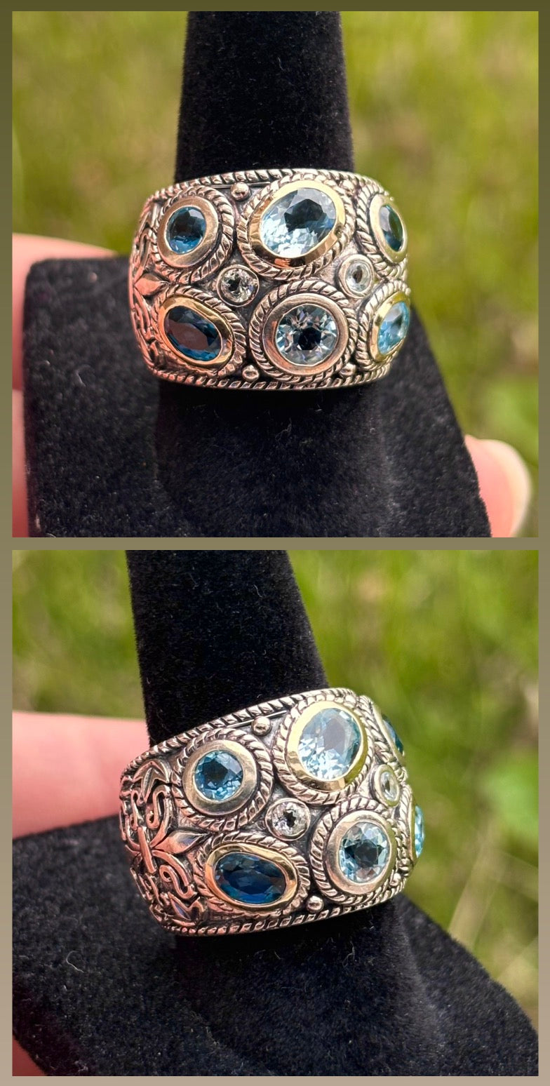 Curata 14K Gold & Sterling Silver Multi Blue Topaz Wide Band Ring