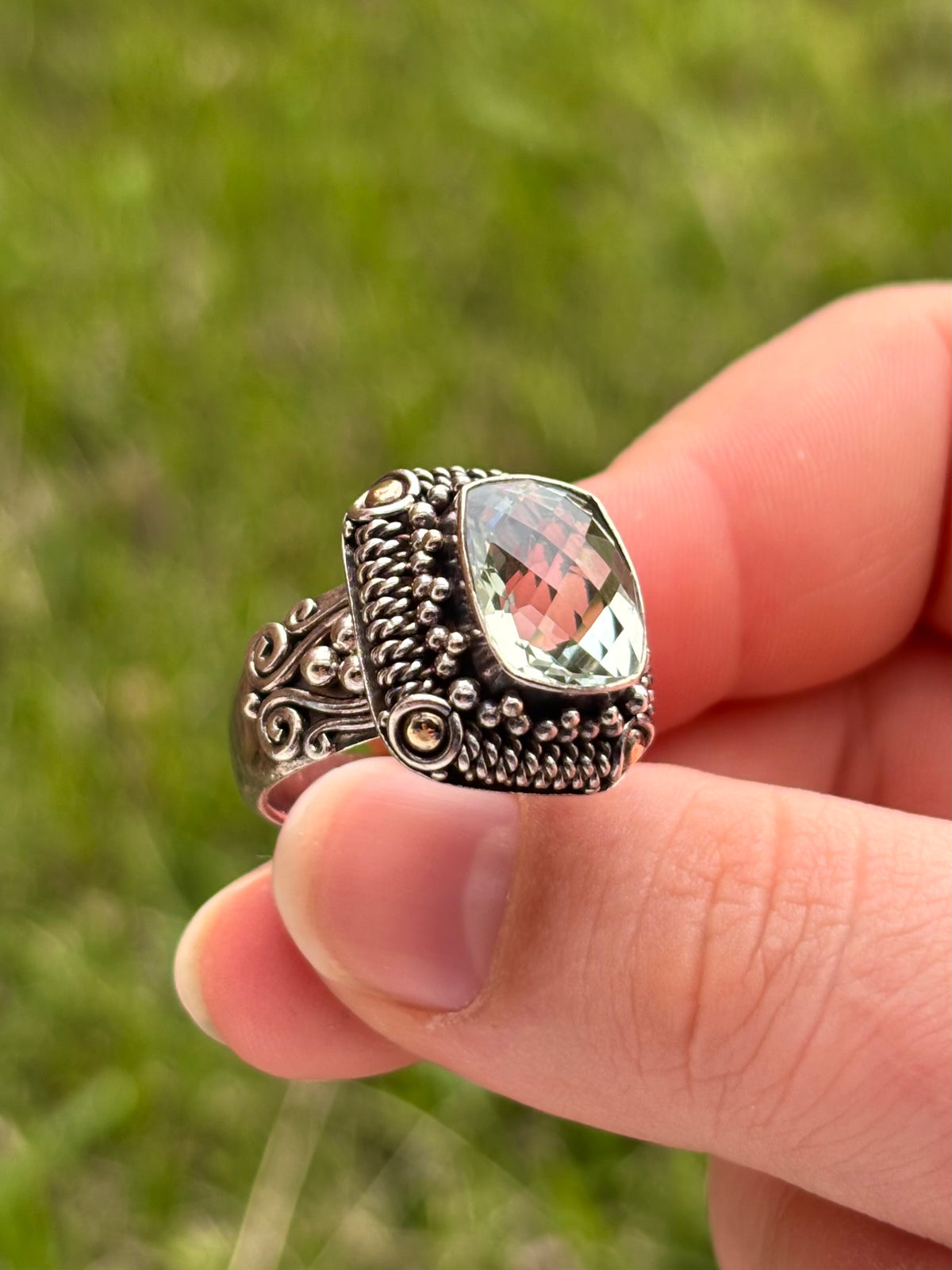 BA Suarti 18K Gold & Sterling Silver Checkerboard Cushion Prasiolite Ring