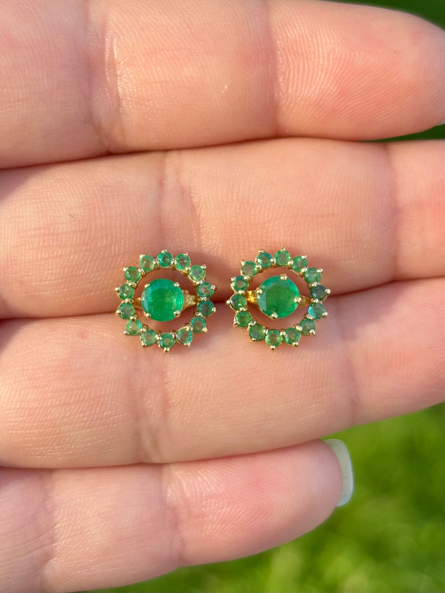 18K Gold Emerald Stud Earrings with 14K Removable Emerald Halo Jackets