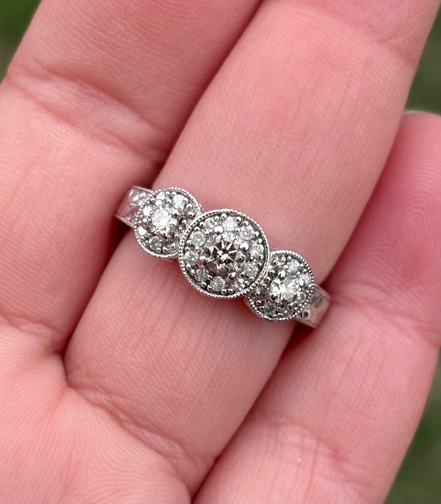3 Stone Champagne Diamond Halo Ring