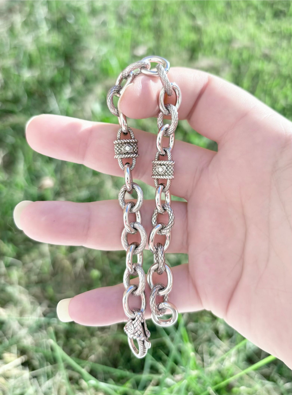 Judith Ripka Sterling Silver Heart & Rope Textured Oval Link Bracelet