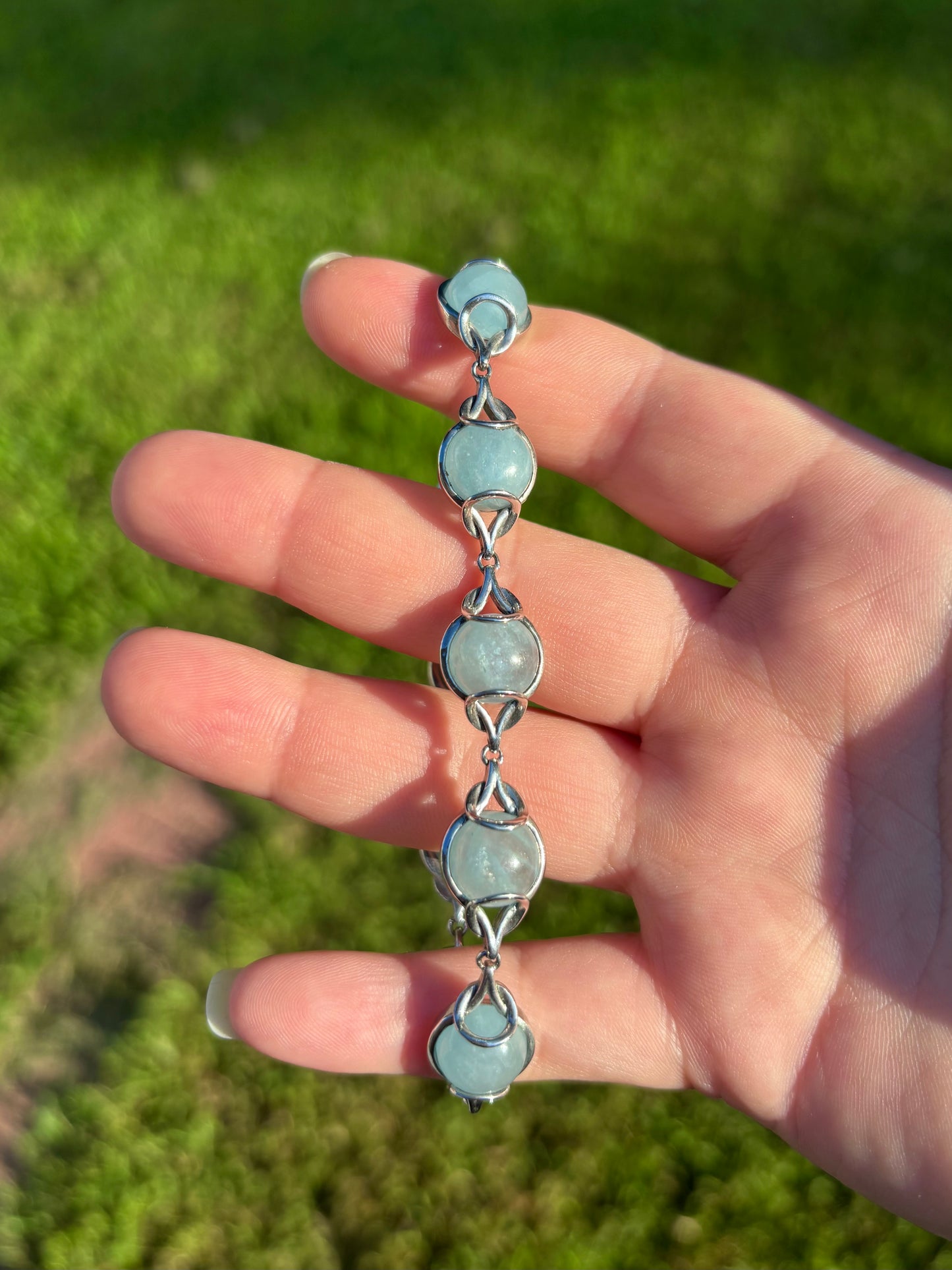 Vintage Sterling Silver Cabochon Aquamarine Bracelet