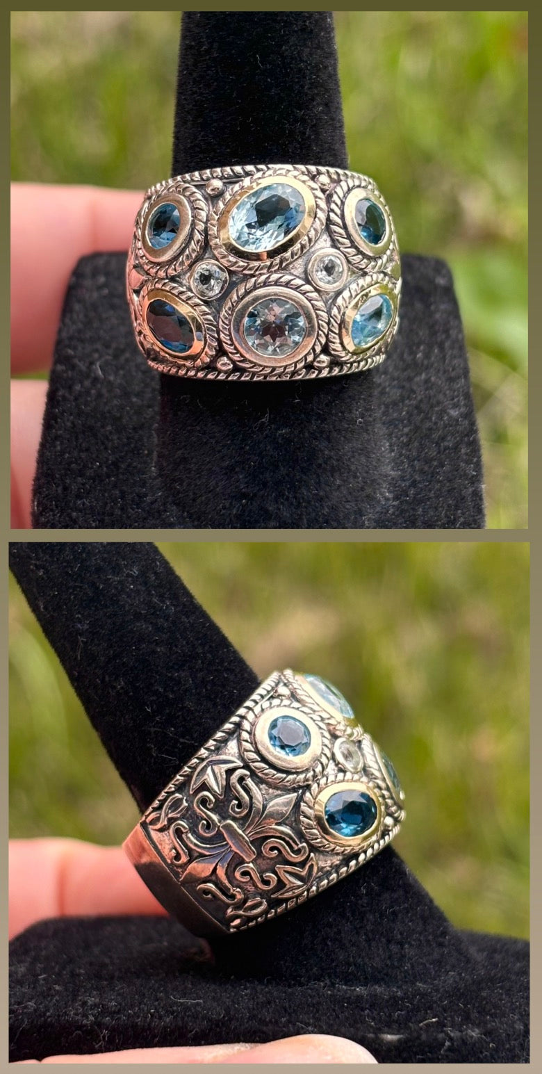 Curata 14K Gold & Sterling Silver Multi Blue Topaz Wide Band Ring