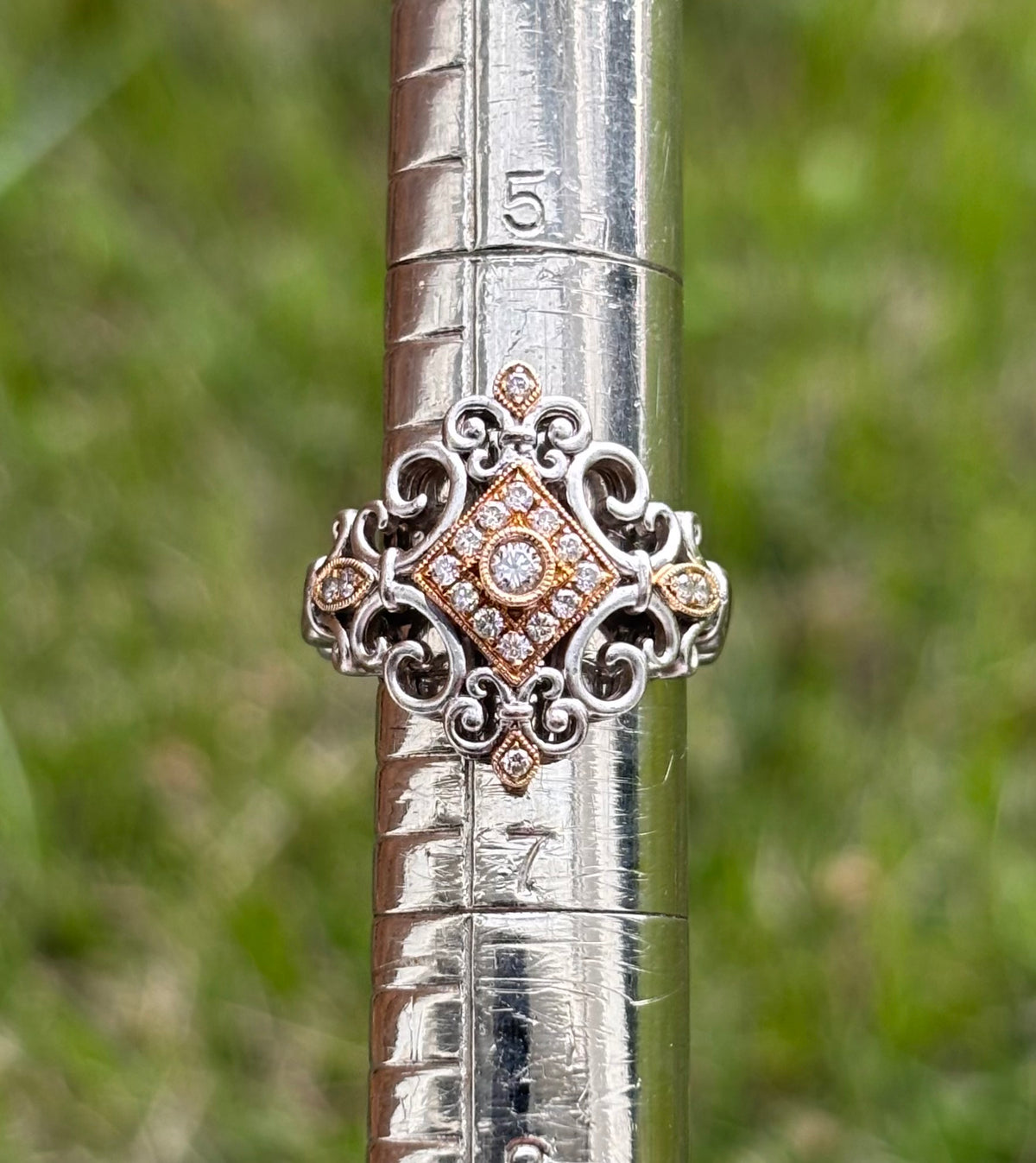 Vintage Style 18K Gold & Sterling Silver Diamond Filigree Scrollwork Ring