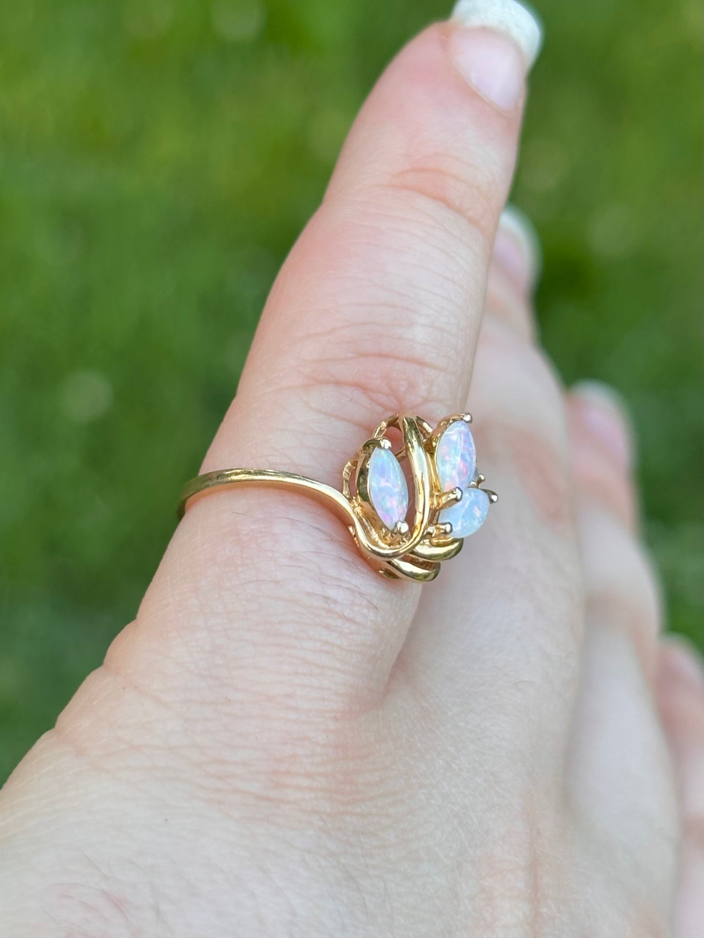 14K Gold Natural Solid Marquise Opal Ring with Diamond Accent