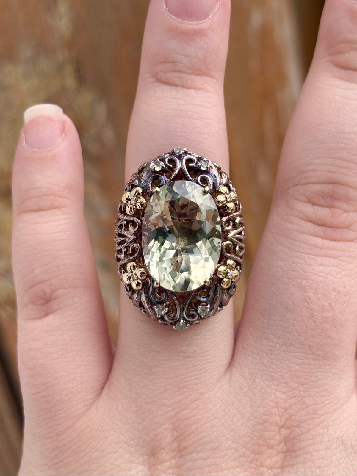 Weinman Brothers 14K Gold & Sterling Silver Prasiolite Diamond Filigree Ring