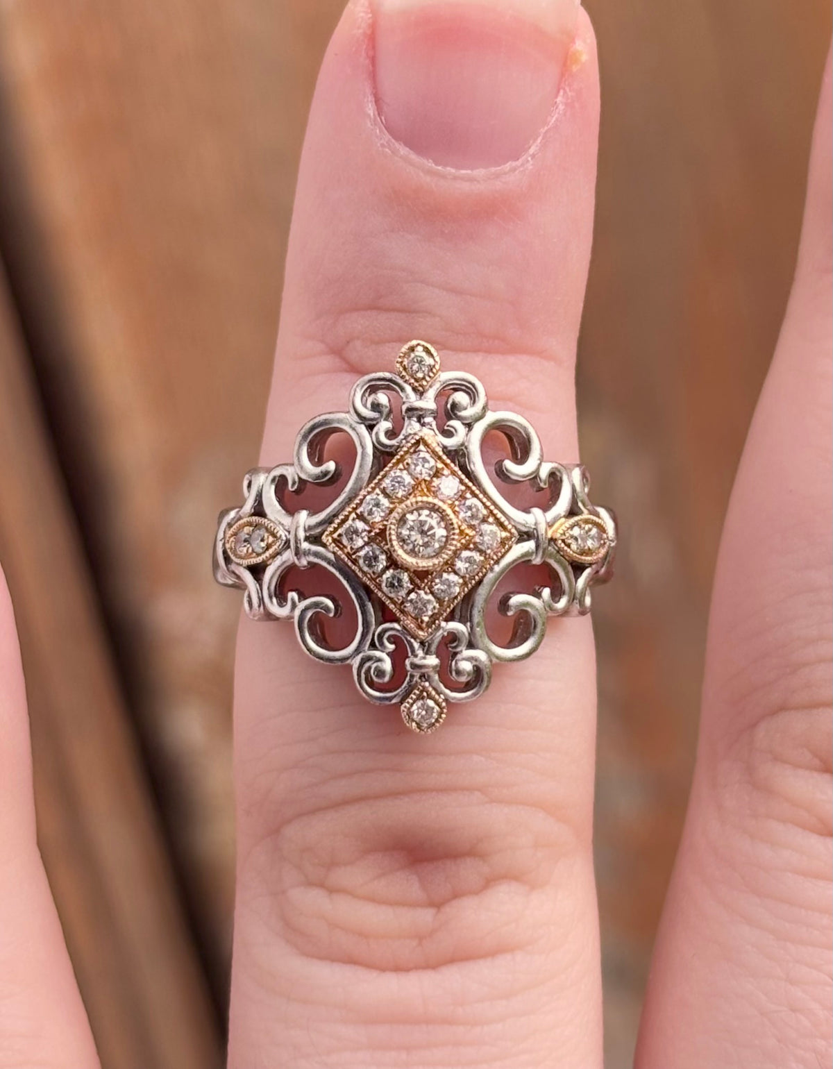 Vintage Style 18K Gold & Sterling Silver Diamond Filigree Scrollwork Ring