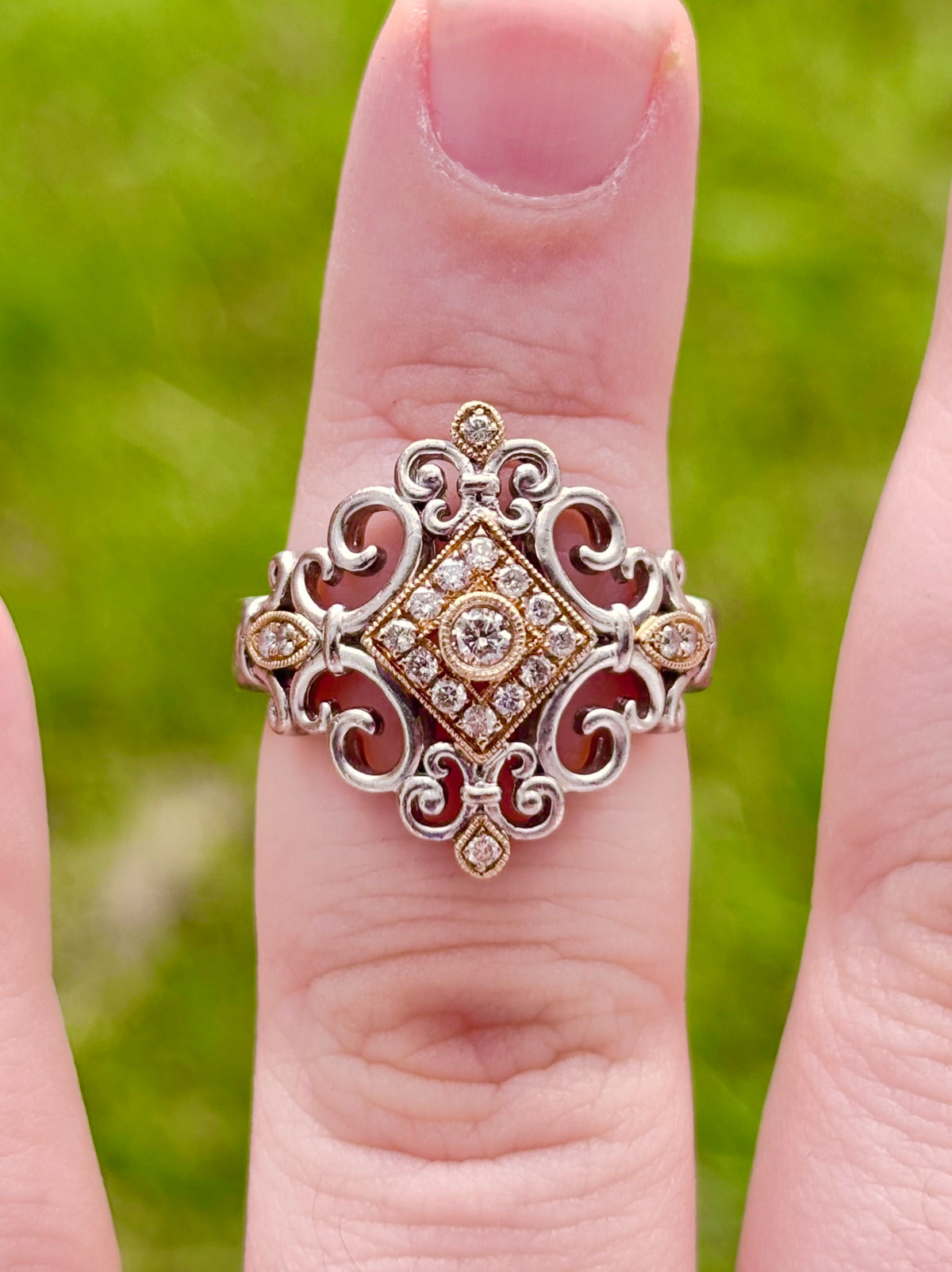 Vintage Style 18K Gold & Sterling Silver Diamond Filigree Scrollwork Ring