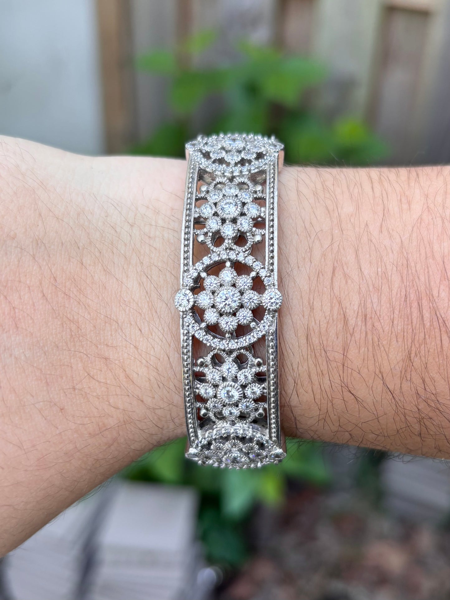 Judith Ripka Sterling Silver Diamonique Floral Filigree Hinged Cuff Bangle Bracelet