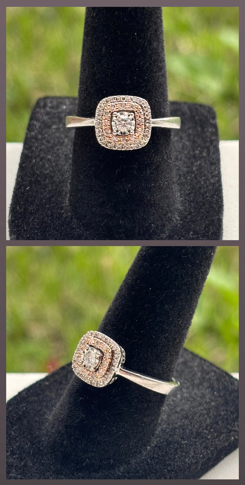10K Rose Gold & Sterling Silver Natural Diamond Double Halo Ring