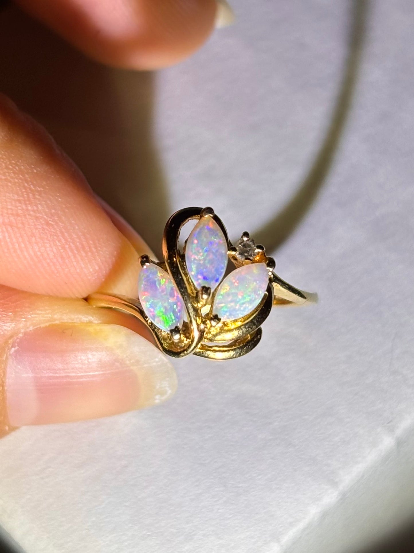 14K Gold Natural Solid Marquise Opal Ring with Diamond Accent