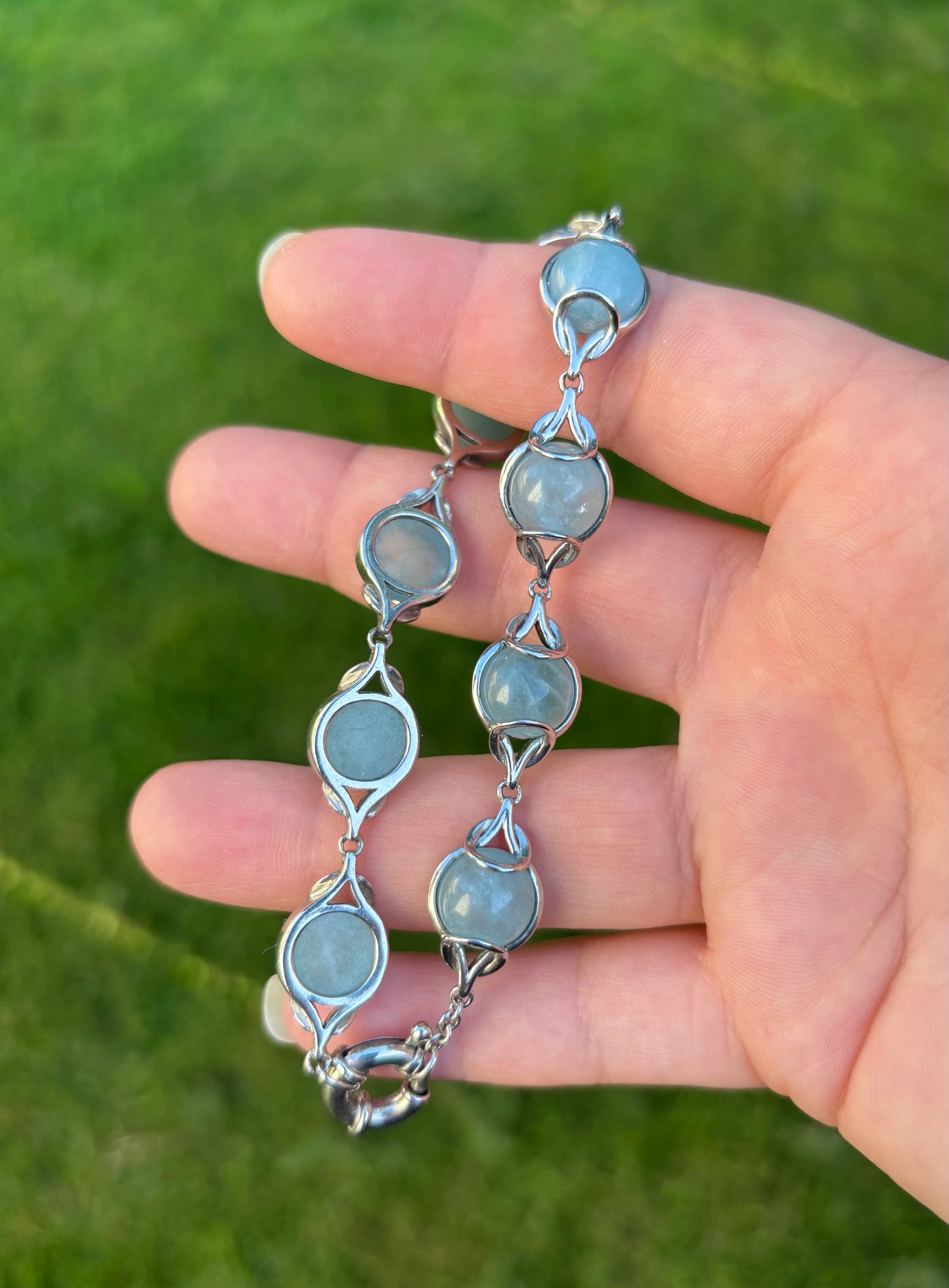 Vintage Sterling Silver Cabochon Aquamarine Bracelet