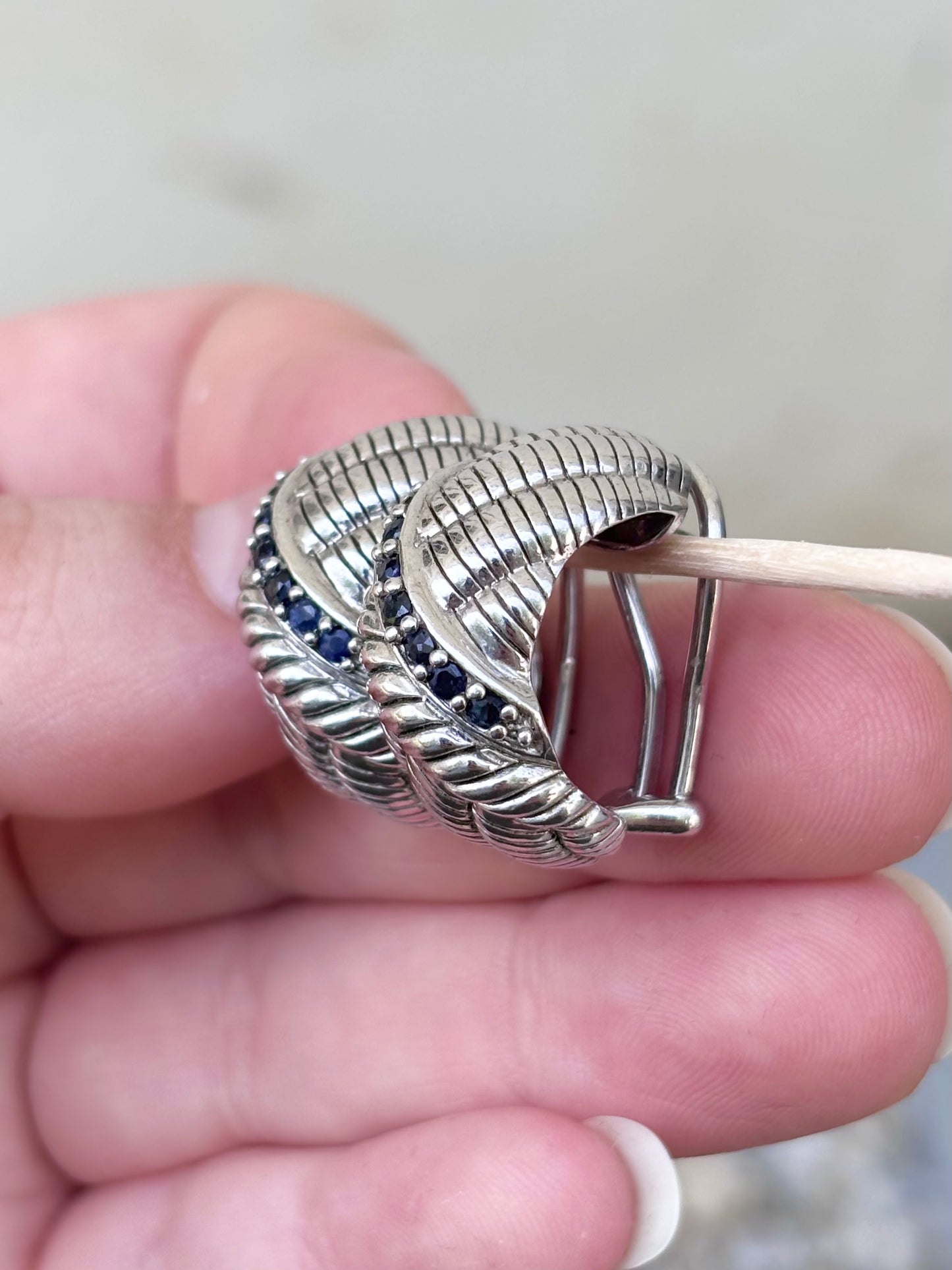 Judith Ripka Sterling Silver Natural Sapphire Ring & Matching Omega Back Earrings Set – Approx. 1.00 CTW