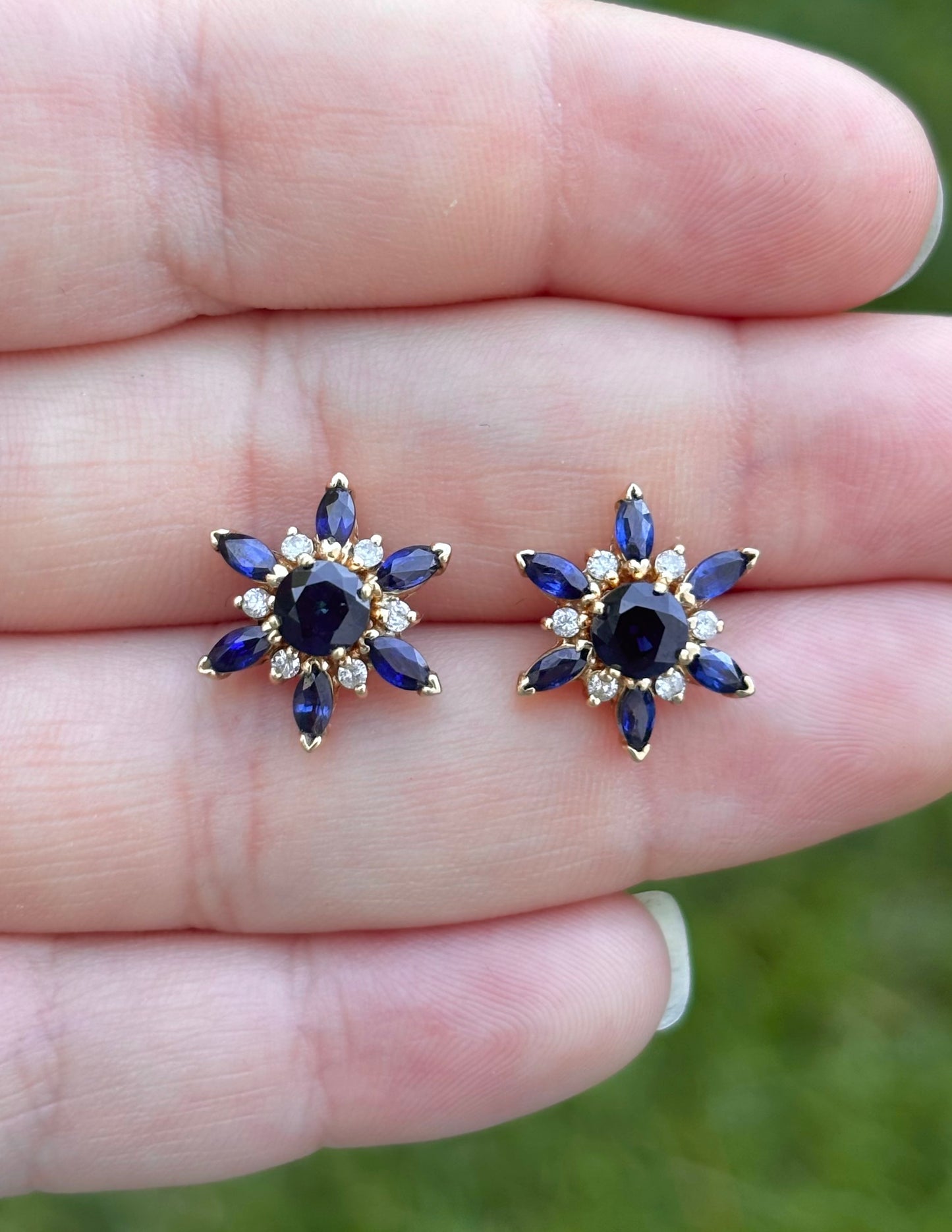 18K Gold Velvety Blue Sapphire Stud Earrings with 14K Diamond & Sapphire Removable Halo Jackets