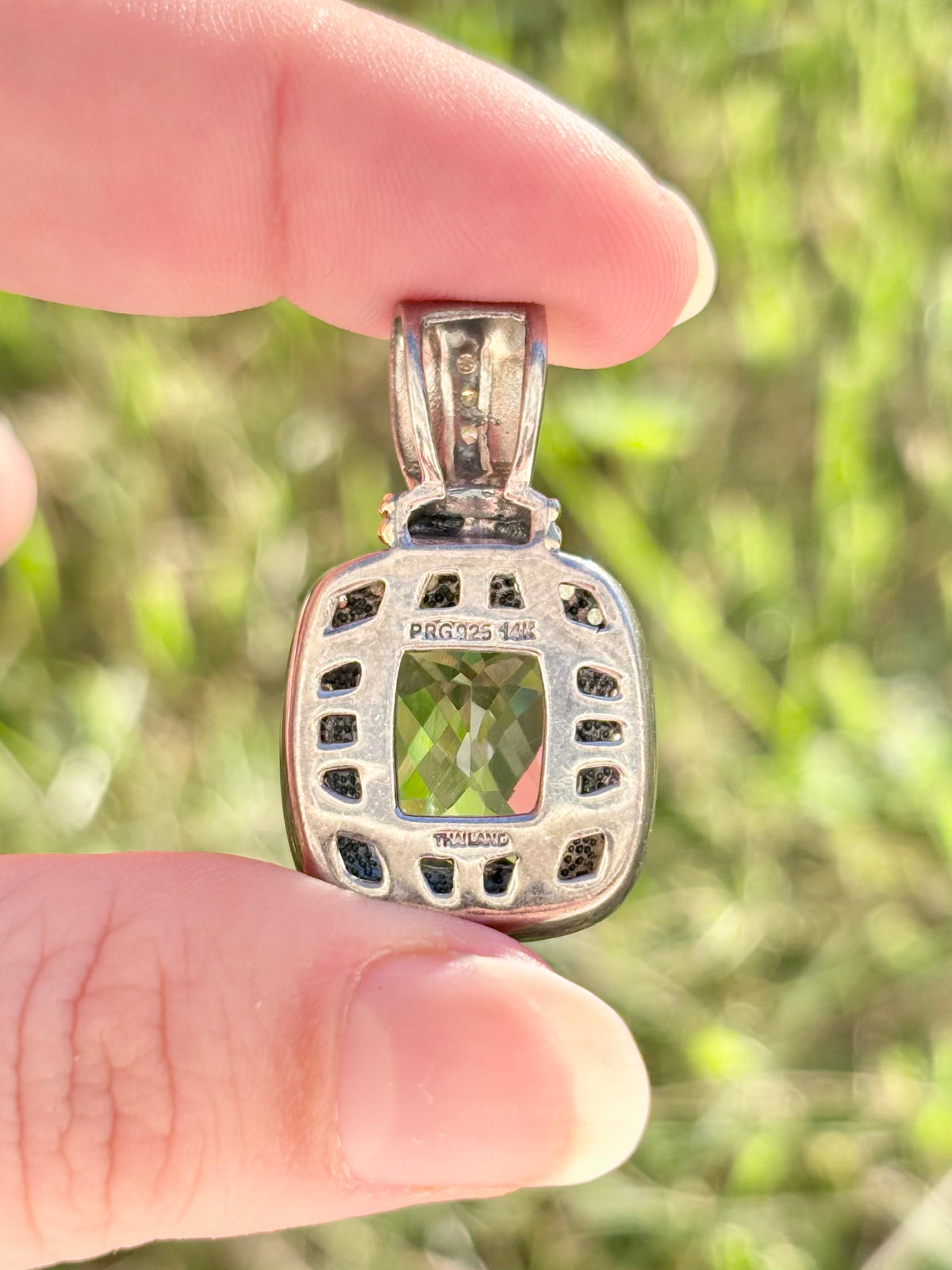 Sterling Silver & 14K Gold Prasiolite and Diamond Halo Pendant - Chain Not Included
