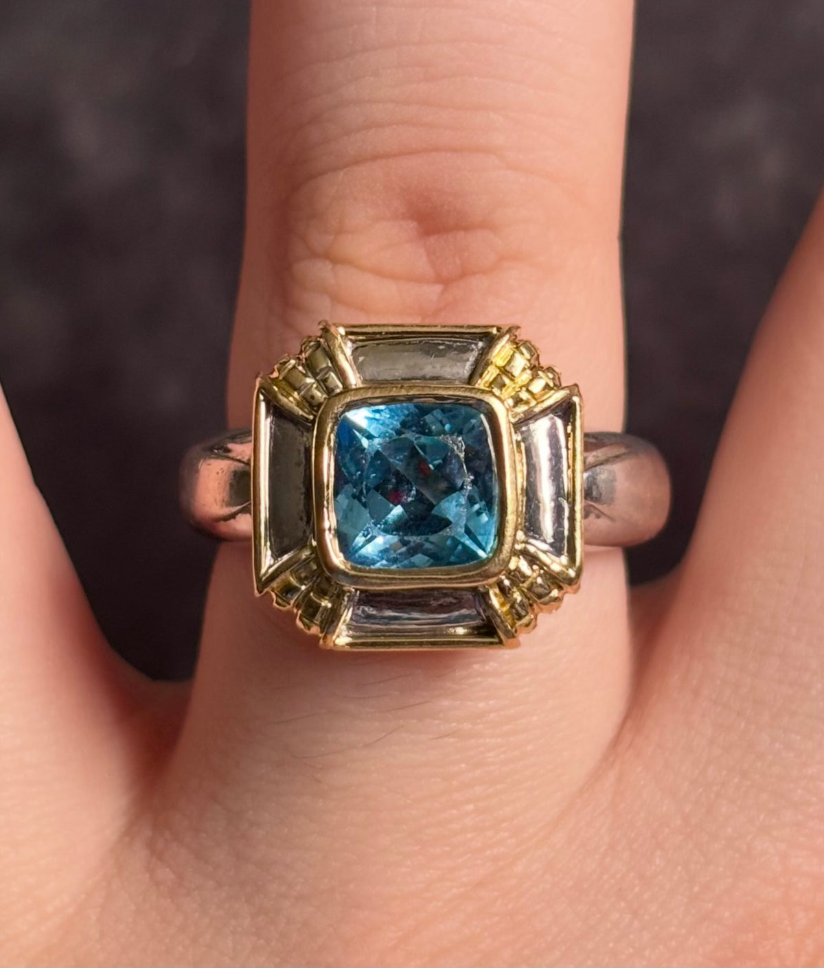 OTC International 18K Gold & Sterling Silver Blue Topaz Art Deco Ring