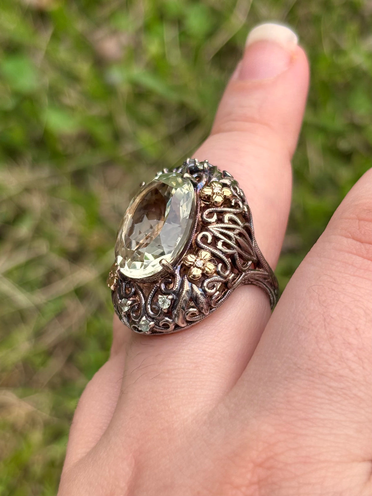 Weinman Brothers 14K Gold & Sterling Silver Prasiolite Diamond Filigree Ring