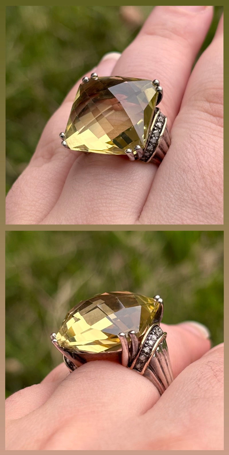 14K Gold & Sterling Silver Lemon Quartz & Diamond Statement Ring