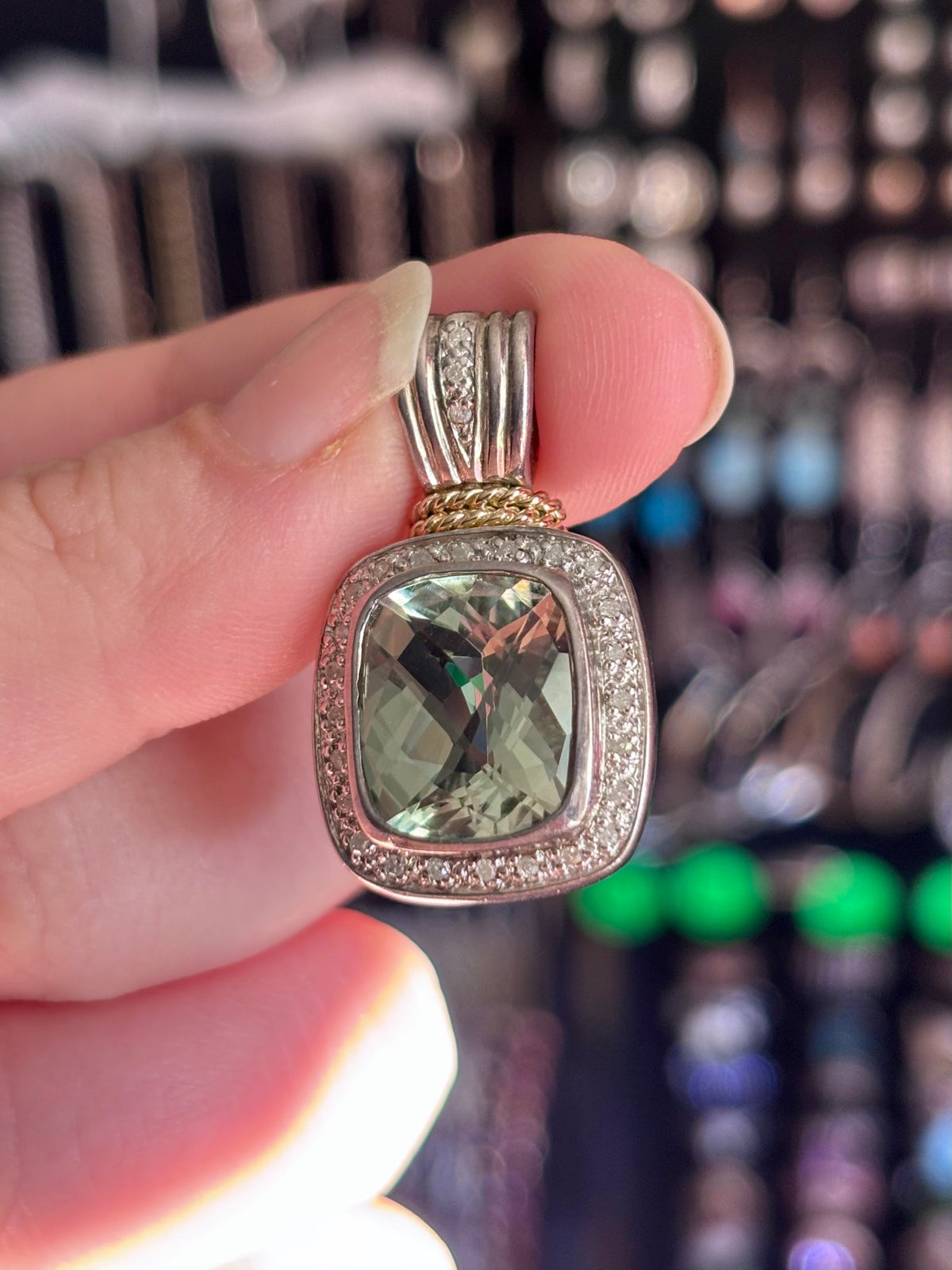 Sterling Silver & 14K Gold Prasiolite and Diamond Halo Pendant - Chain Not Included