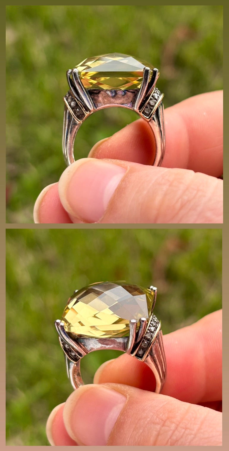 14K Gold & Sterling Silver Lemon Quartz & Diamond Statement Ring