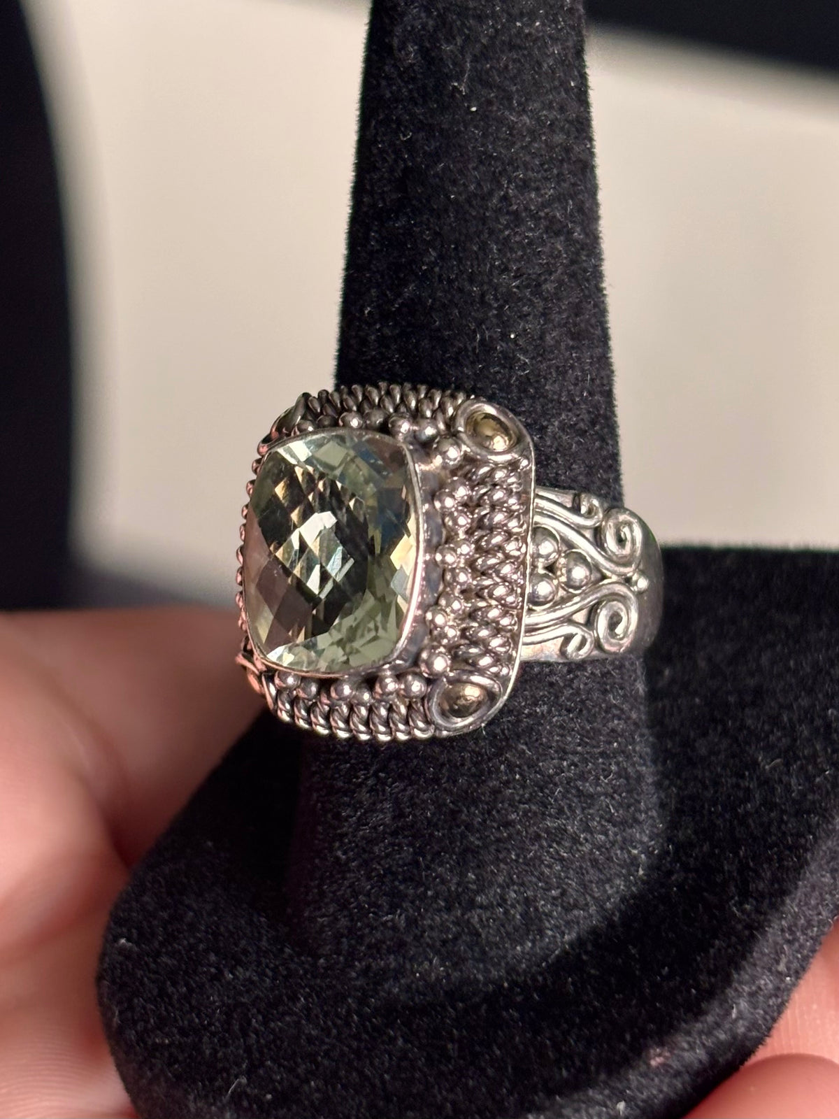 BA Suarti 18K Gold & Sterling Silver Checkerboard Cushion Prasiolite Ring