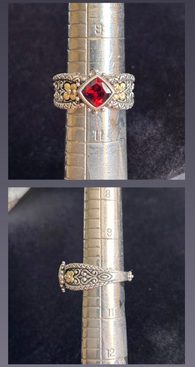Barbara Bixby Garnet 18K Gold & Sterling Silver Floral Ring Size 10