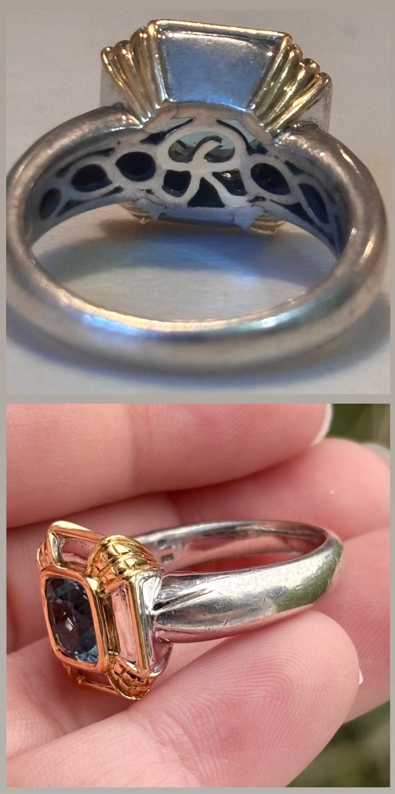 OTC International 18K Gold & Sterling Silver Blue Topaz Art Deco Ring