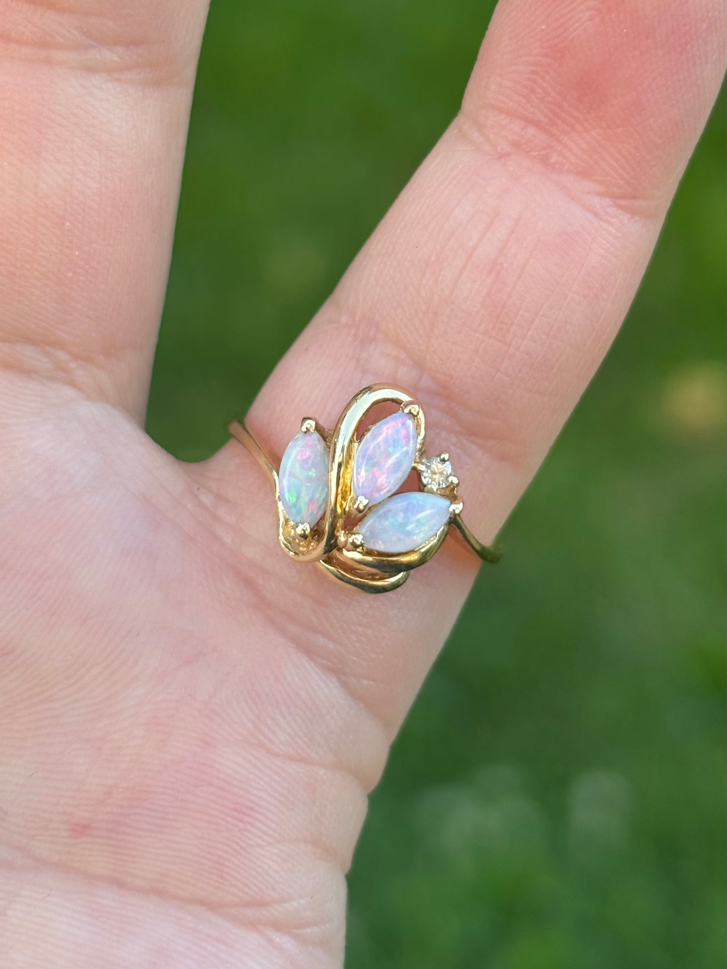 14K Gold Natural Solid Marquise Opal Ring with Diamond Accent