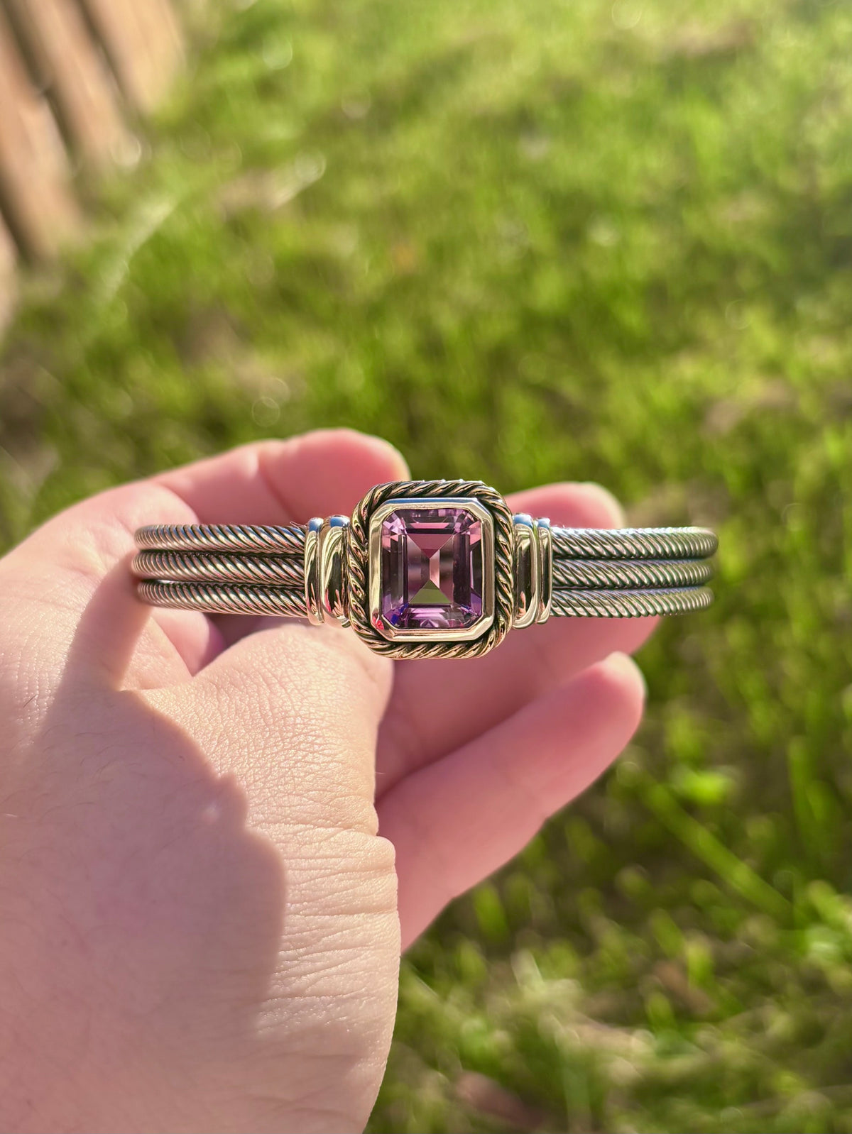 Sterling Silver & Solid 14K Gold Emerald Cut Amethyst Triple Cable Cuff Bracelet