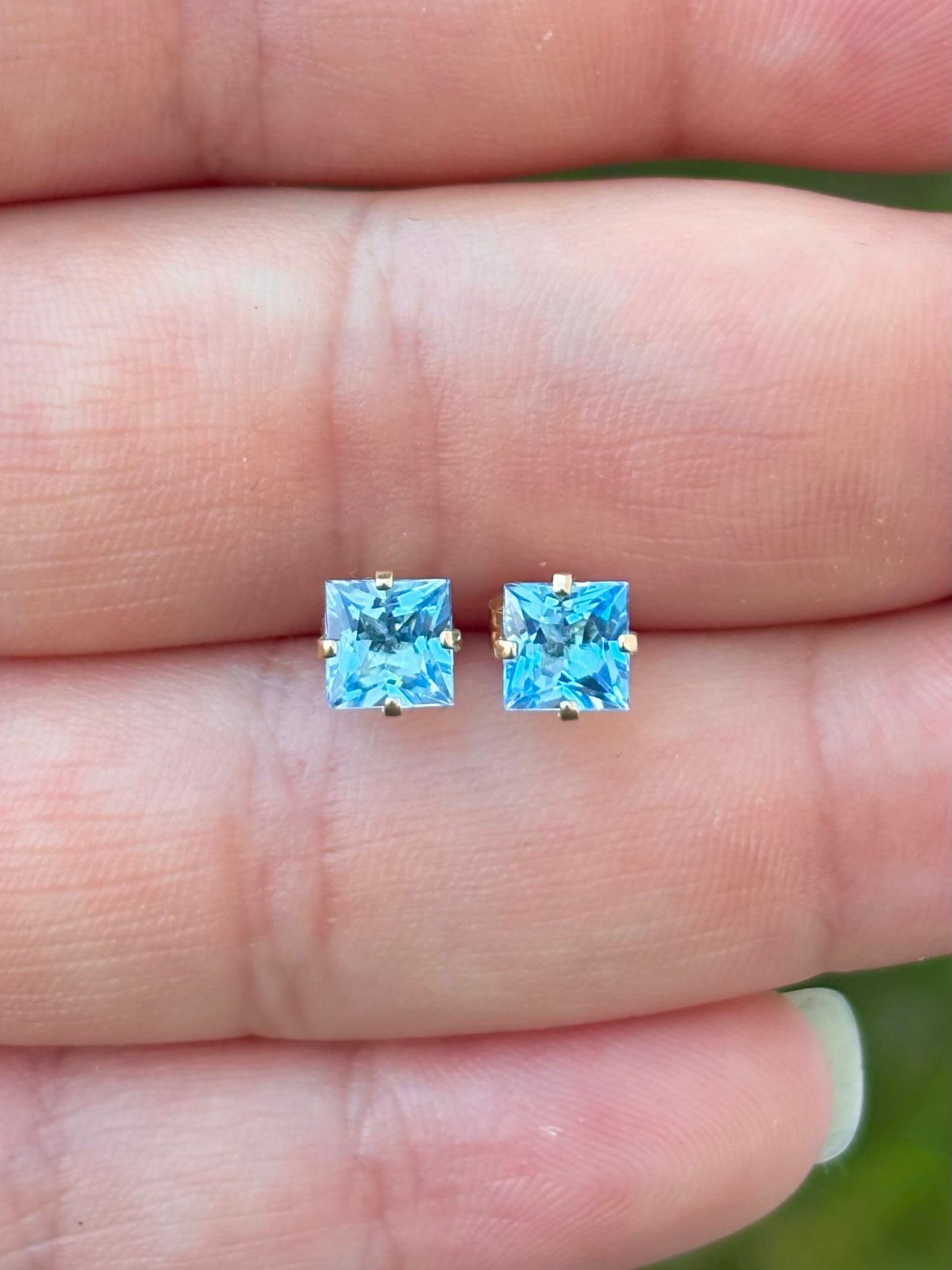 14K Yellow Gold Princess Cut Swiss Blue Topaz Stud Earrings