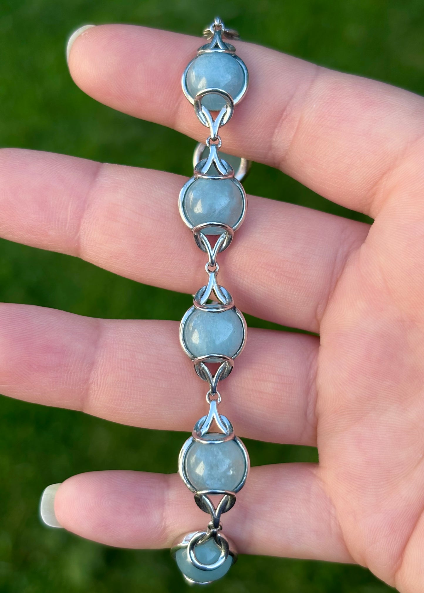 Vintage Sterling Silver Cabochon Aquamarine Bracelet