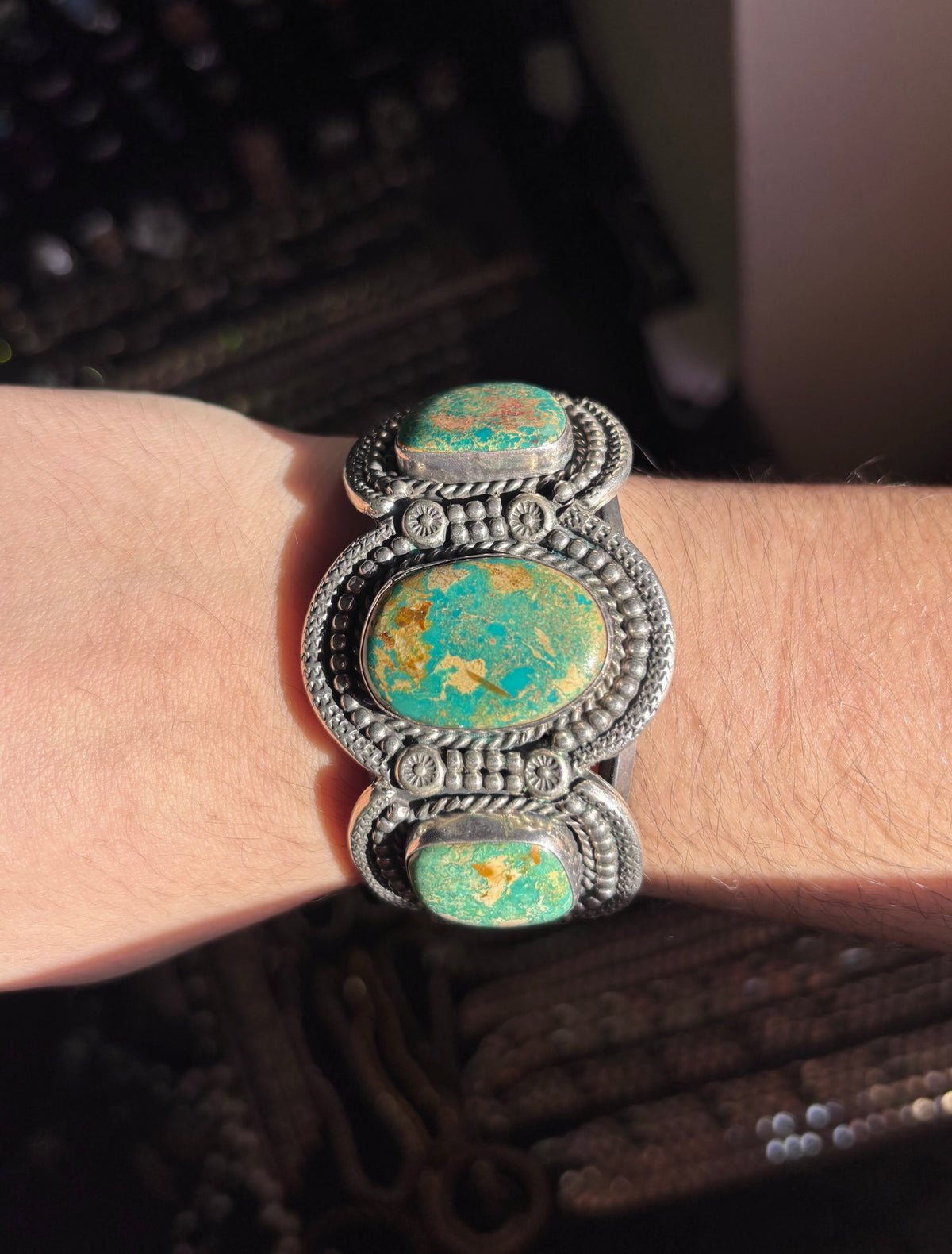 Vintage Sterling Silver & Turquoise 3-Stone Southwestern Cuff Bracelet