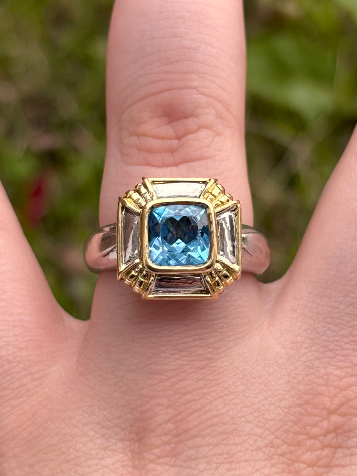 OTC International 18K Gold & Sterling Silver Blue Topaz Art Deco Ring