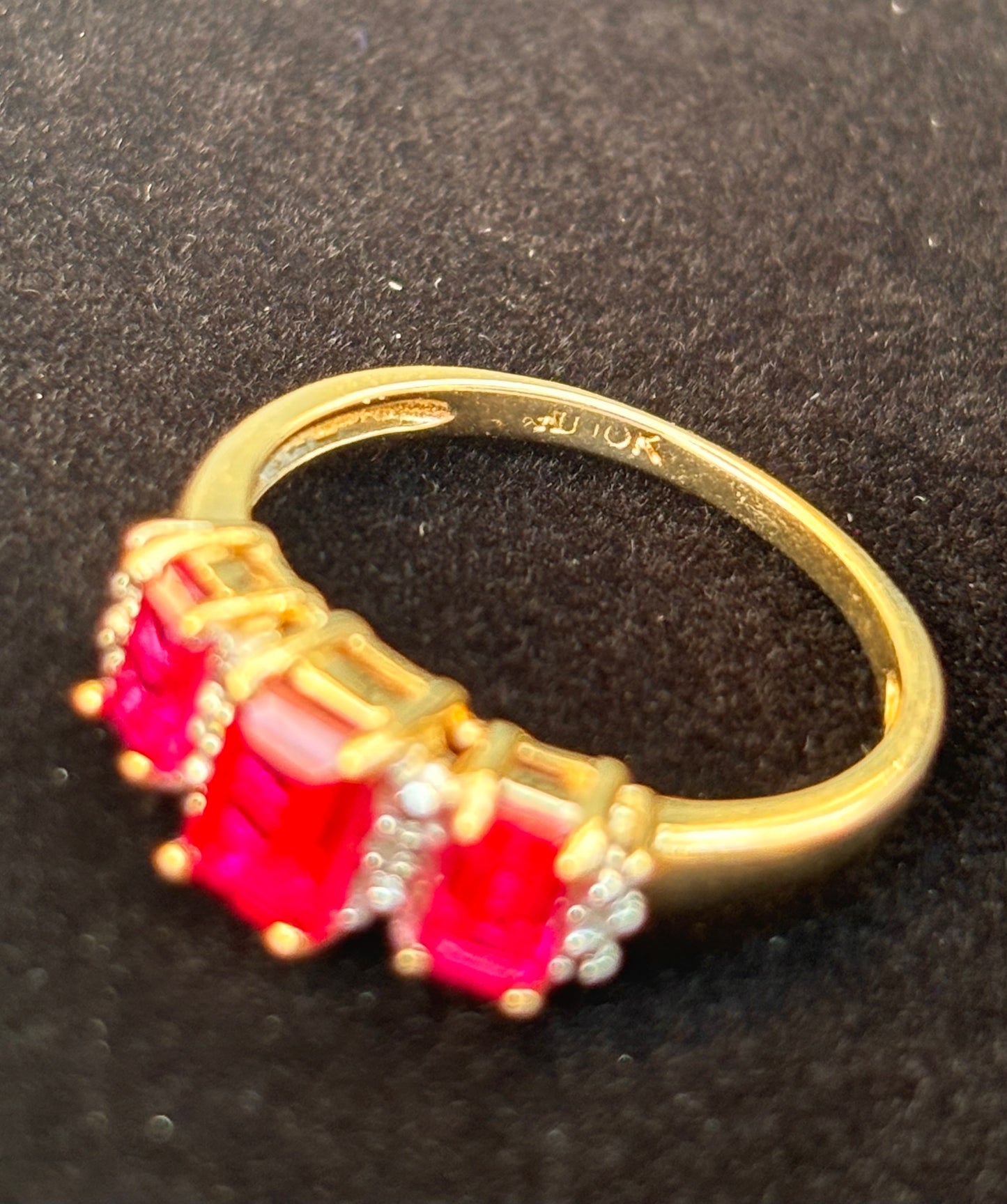 10k Emerald Cut Lab Rubies with Natural Diamond Accents Ring