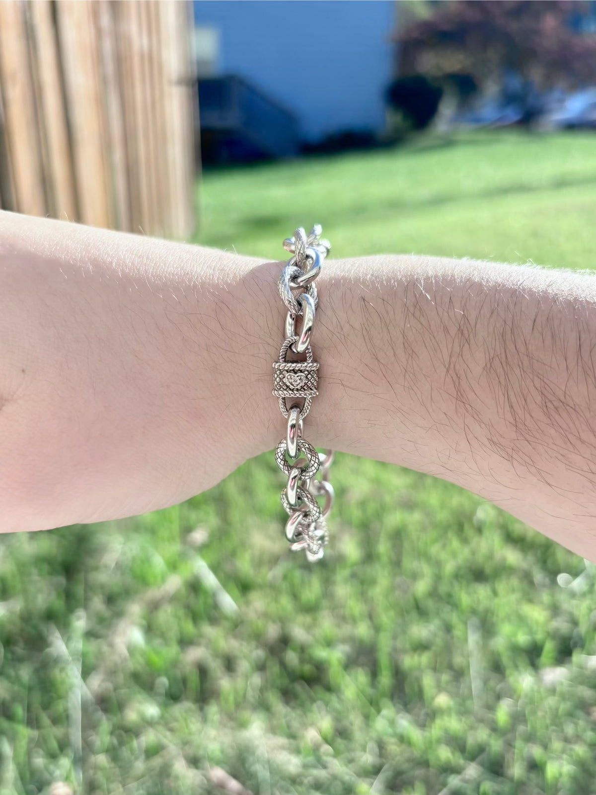 Judith Ripka Sterling Silver Heart & Rope Textured Oval Link Bracelet