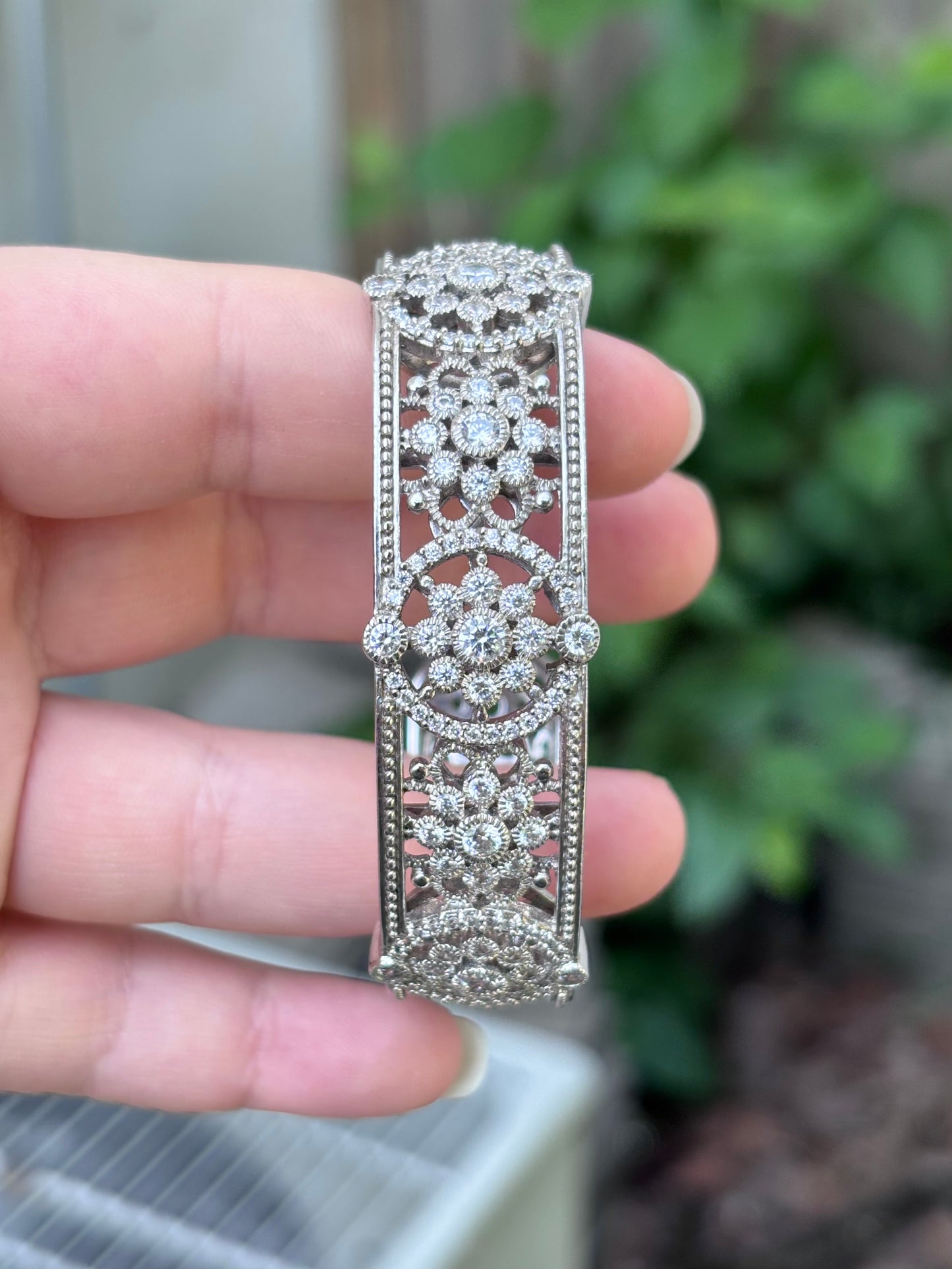 Judith Ripka Sterling Silver Diamonique Floral Filigree Hinged Cuff Bangle Bracelet