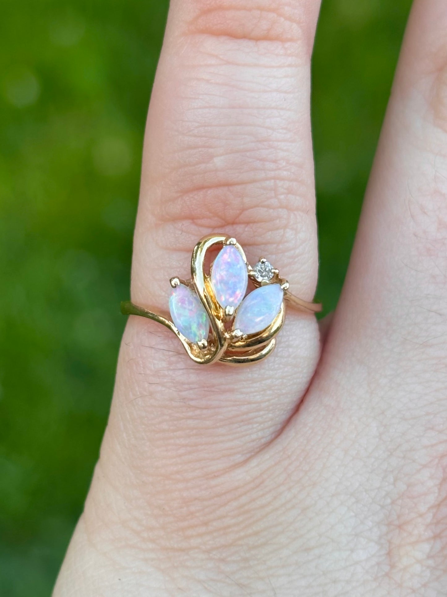 14K Gold Natural Solid Marquise Opal Ring with Diamond Accent