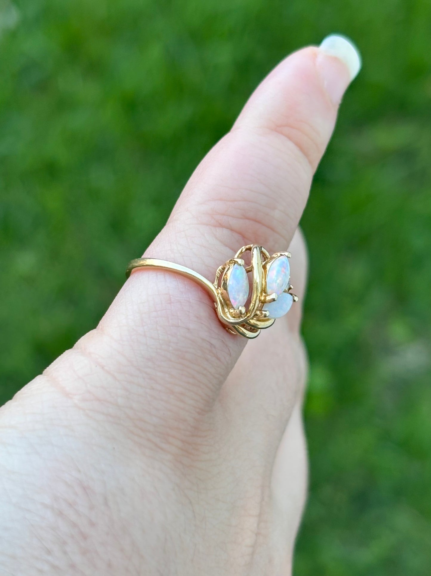 14K Gold Natural Solid Marquise Opal Ring with Diamond Accent