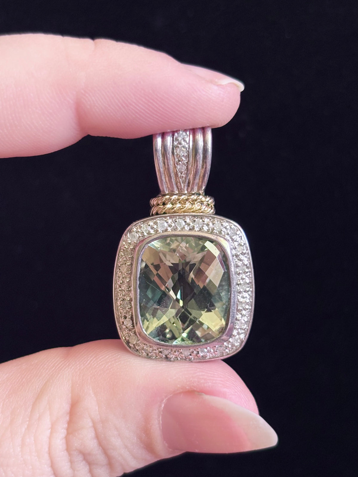 Sterling Silver & 14K Gold Prasiolite and Diamond Halo Pendant - Chain Not Included