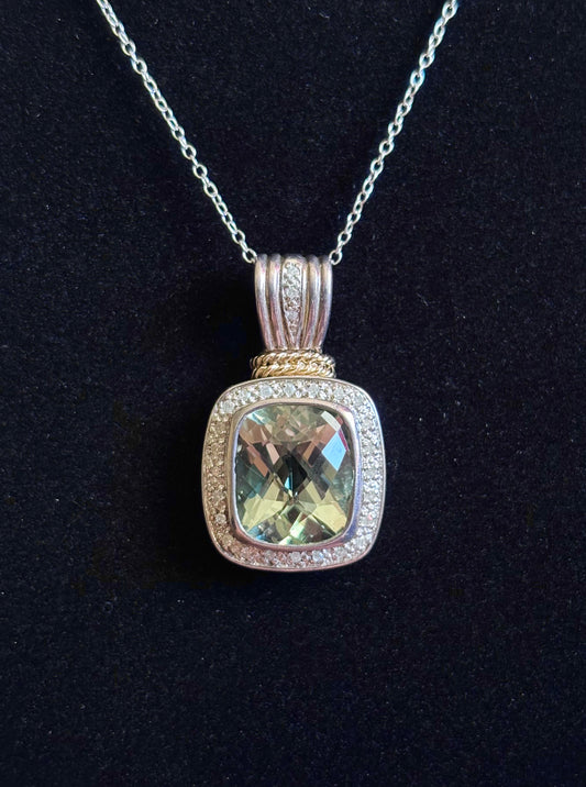 Sterling Silver & 14K Gold Prasiolite and Diamond Halo Pendant - Chain Not Included